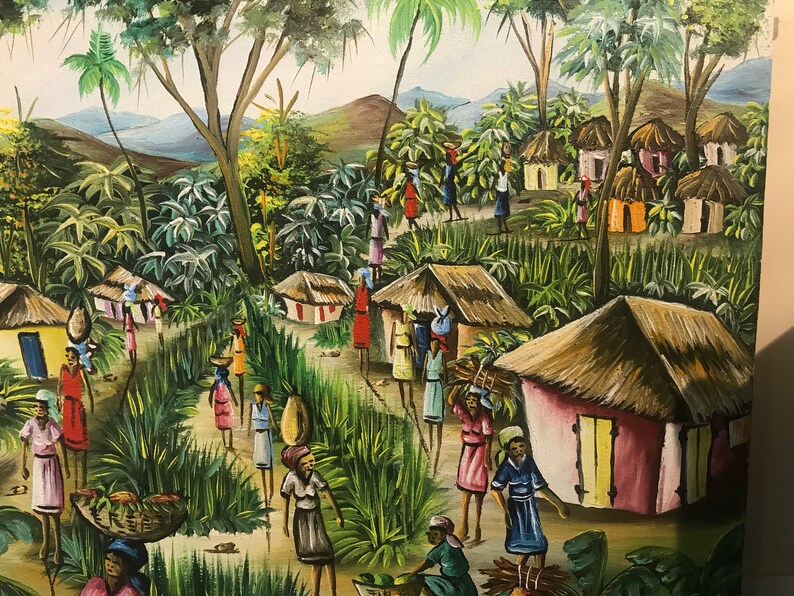 May include: A colorful painting depicting a village scene in a tropical setting. The painting features lush green foliage, thatched-roof huts, and figures of people going about their daily lives. The vibrant colors and detailed brushstrokes create a lively and inviting atmosphere.