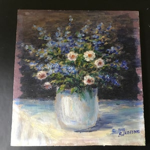 Oil painting on wooden panel, bouquet of flowers
