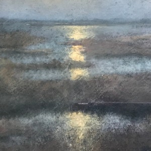 May include: A painting of a landscape with a muted blue and gray color scheme. The sky is a light gray, and the ground is a darker gray with hints of brown. The painting depicts a body of water with a reflection of light in the center.