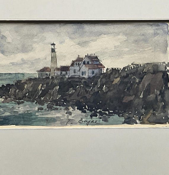 灯台と赤い屋根の建物が描かれた油彩画 美術品・アンティーク・コレクション 灯台と赤い屋根の建物が描かれた