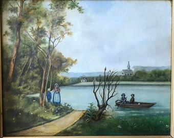 Naïve antique painting , landscape with walkers and boat in lake, village, church, oil on panel