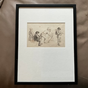 May include: A framed black and white pencil drawing of four people. The people are dressed in simple clothing and appear to be in a rural setting. The drawing is on a light brown paper.