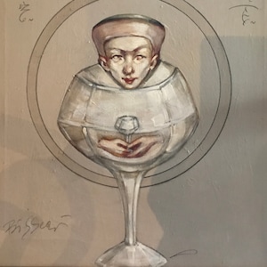 May include: A painting depicting a person's head and shoulders within a glass goblet. The individual is wearing a white robe and a light pink hat. The goblet is mounted on a stem and has a round base. The painting is set against a light grey background with a signature in the bottom left corner.