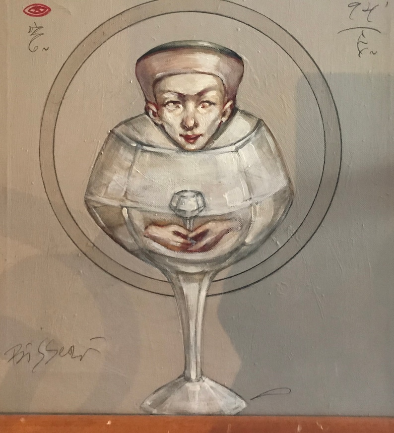 May include: A painting depicting a person's head and shoulders within a glass goblet. The individual is wearing a white robe and a light pink hat. The goblet is mounted on a stem and has a round base. The painting is set against a light grey background with a signature in the bottom left corner.