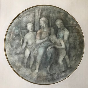 Aquarelle et encre sur papier, mère et ses enfants , aquarelle ronde