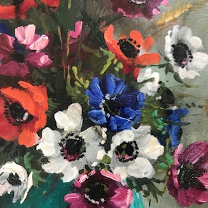 Pintura al óleo sobre pequeño panel de cartón, ramo de flores.