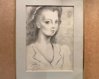 Black pencil drawing , woman face by OP, Olivier Picard, cc1960