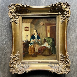 Pintura al óleo sobre tabla de madera, siglo XIX, mujer y bebé en un interior.