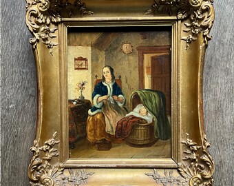 Oil painting on wood panel, 19th century, woman and baby in an interior