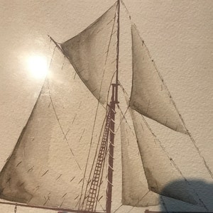 May include: A black and white drawing of a sailboat with sails billowing in the wind. The sails are detailed with stitching and the mast is visible.