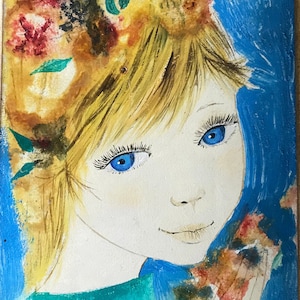 Zwei Kindergesichter. Ölgemälde auf Leinwand aus den 1960er Jahren.