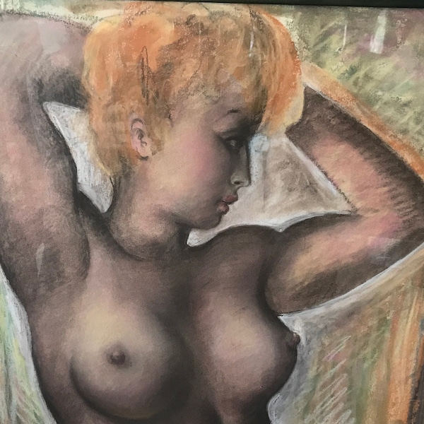 Portrait au pastel de jeune femme rousse nue