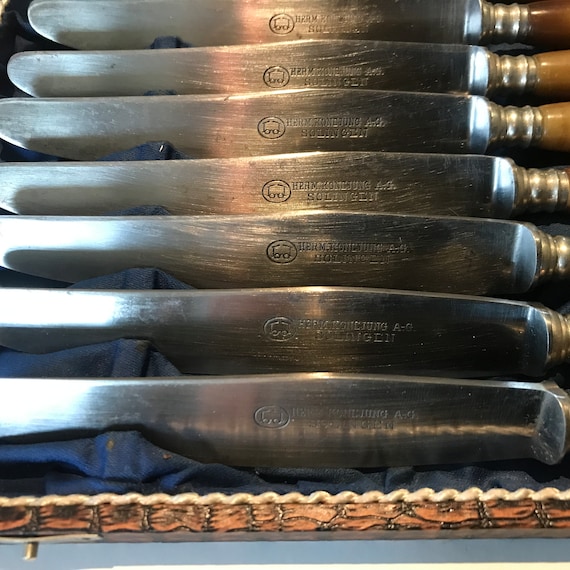 Herm Konejung Solingen Metal Knives With Imitation Horn Resin