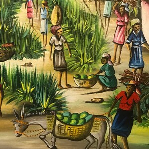 May include: A colorful painting depicting a rural scene with people, a donkey carrying a basket of green fruit, and a variety of plants and trees. The painting is done in a naive style with bold colors and simple shapes.