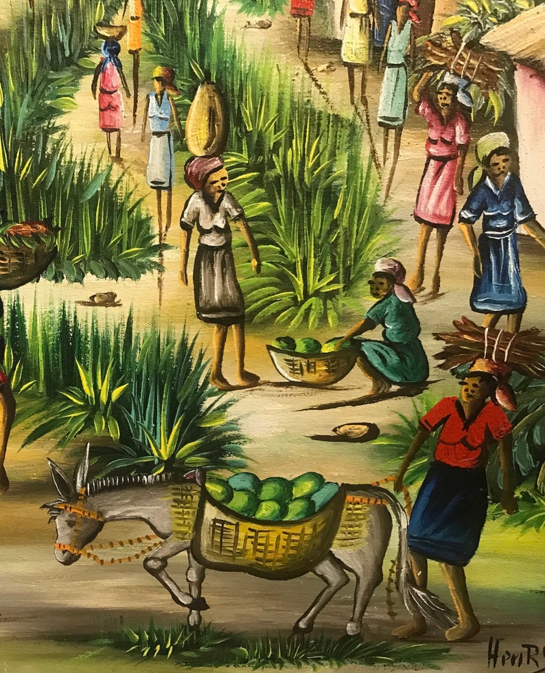 May include: A colorful painting depicting a rural scene with people, a donkey carrying a basket of green fruit, and a variety of plants and trees. The painting is done in a naive style with bold colors and simple shapes.