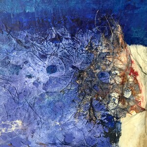 May include: Abstract painting featuring blue, white and brown paint. The painting has a textured surface and appears to be made with multiple layers of paint.