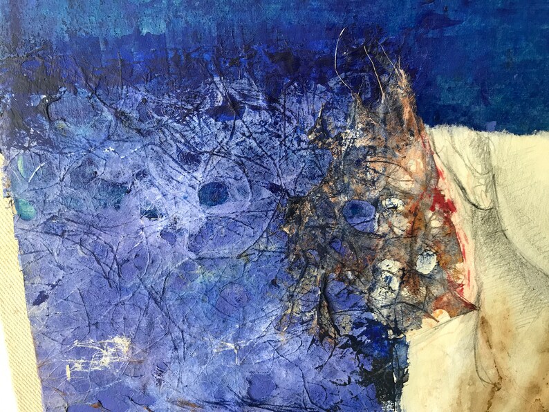 May include: Abstract painting featuring blue, white and brown paint. The painting has a textured surface and appears to be made with multiple layers of paint.