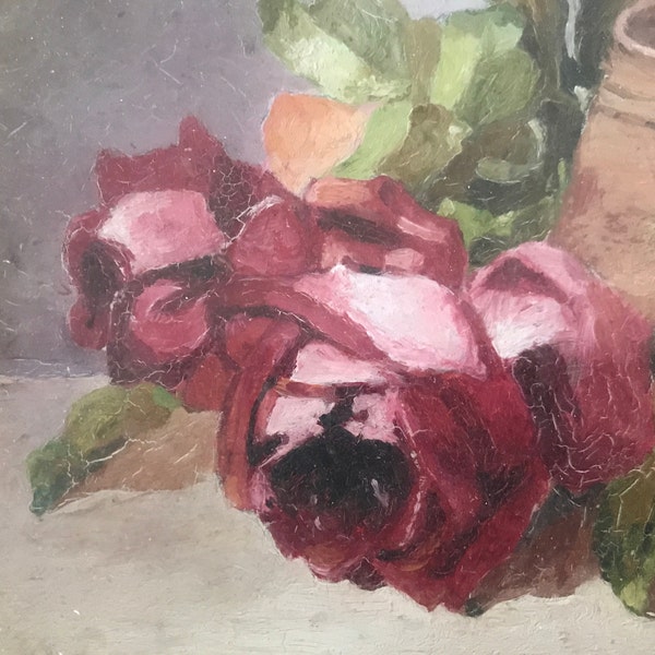 Peinture à l’huile sur panneau, bouquet de fleurs, roses par M.Cortenbach