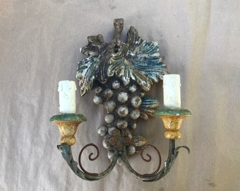 Pair of wood and metal wall sconces, grapes and leaves