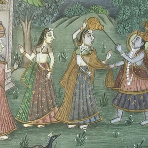 Indian painting, 1970s, 3 women and a man in a garden