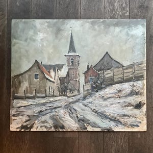 Oil painting on panel, Belgian winter landscape, village under the snow