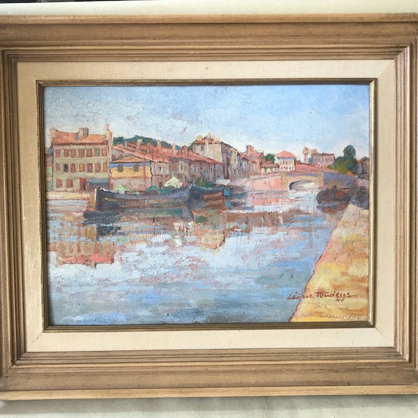 Peinture à l’huile sur carton, paysage avec rivière, années 1940, Léonce tondeur