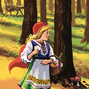 Könnte beinhalten: Ein junges Mädchen in einem roten Kapuzenkleid und einem weißen und blauen gemusterten Rock geht durch einen Wald. Sie trägt einen Korb mit sich und hält eine weiße Blume. Der Wald ist voller hoher Bäume und grüner Blätter. Der Boden ist mit braunen Blättern und Pilzen bedeckt.