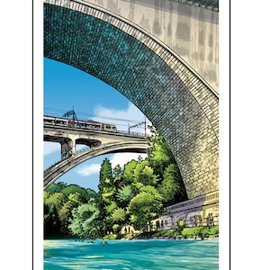 Könnte beinhalten: Comic-artige Illustration eines Zuges, der eine Brücke über einen Fluss überquert. Die Brücke besteht aus Stein und Beton, mit einem roten Zug oben. Das Wasser ist türkis, und Bäume säumen das Ufer. Der Himmel ist blau.