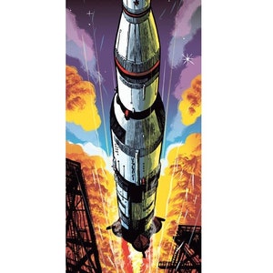 Könnte beinhalten: Eine Vintage-Illustration einer Rakete, die ins All startet. Die Rakete ist weiß mit roten und schwarzen Akzenten und von Flammen und Rauch umgeben. Der Hintergrund ist ein dunkelblauer Himmel mit Sternen.