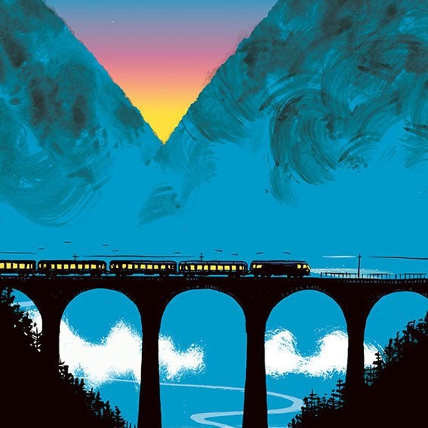 Poster Bahnlinie Zug Eisenbahn Verkehr Reisen Alpen Berge Natur Sonnenaufgang Nacht romantisch Schweiz Albula Tourismus Brücke Viadukt