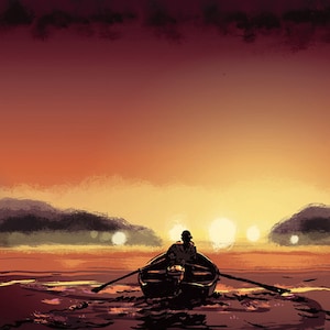 Peut inclure: Une silhouette d'une personne ramant dans un bateau sur un lac au coucher du soleil. Le ciel est d'un orange et d'un rose vifs, avec quelques nuages au loin. L'eau est calme et réfléchissante, avec quelques ondulations.