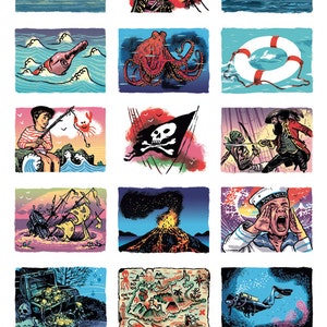 Affiche illustration pour enfants Son Of A Pirate Édition Benjamin Güdel Milchbuck Ship Boat Carte au trésor marin collection bande dessinée Mer