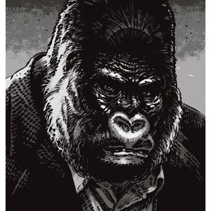 Op de afbeelding: Zwart-witte illustratie van een gorilla in pak en stropdas. De gorilla heeft een serieuze uitdrukking op zijn gezicht. De tekst "Dr. Bongo-Bongo" staat onder de afbeelding.