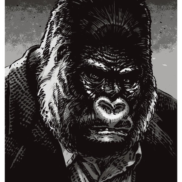 Poster Illustration Gorilla Benjamin Güdel Monkey Head Portrait Comic Black and White Suit Rhino Art Animal Dark Bad Mood Bongo