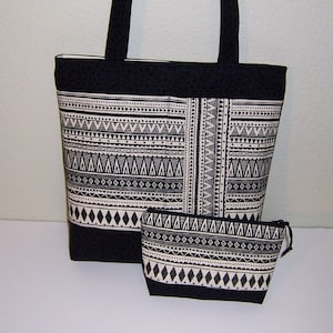 Bolso blanco y negro, bolso con estampado artístico, bolso de tela para el hombro, bolso mediano con cremallera, bolso con panel estampado, bolso de mano y cartera