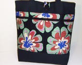 Reduced Totebag, Fabric Totebag, Black Totebag, Floral Print Bag, Multiple Pocket Tote, Zipper Tote