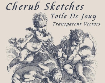 Commercial Use  11 x Vector Toile De Jouy Cherub Sketches on Transparent Backgrounds