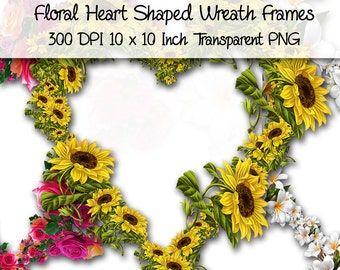 Floral Heart Shaped Picture Frame Wreaths ClipArt 10 Inch PNG Transparent.
