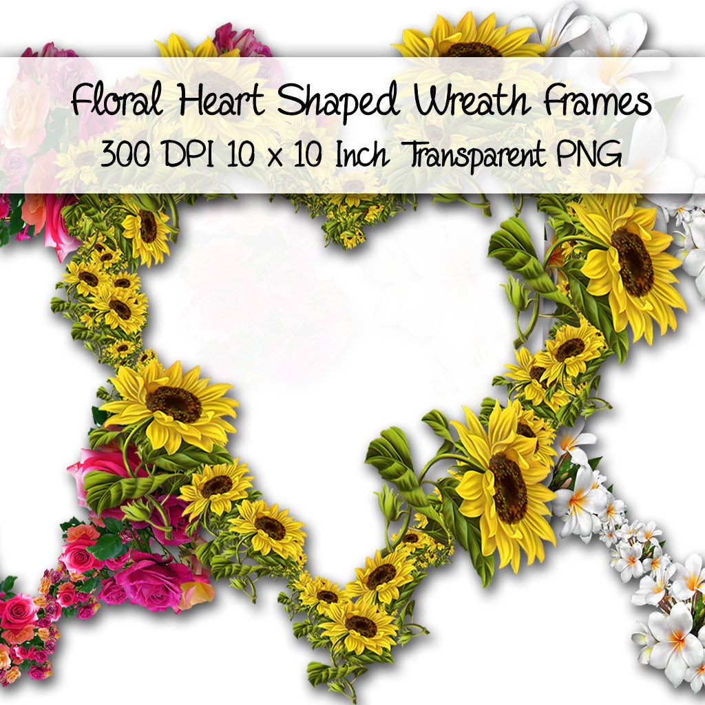 Floral Heart Shaped Picture Frame Wreaths Clipart 10 Inch PNG