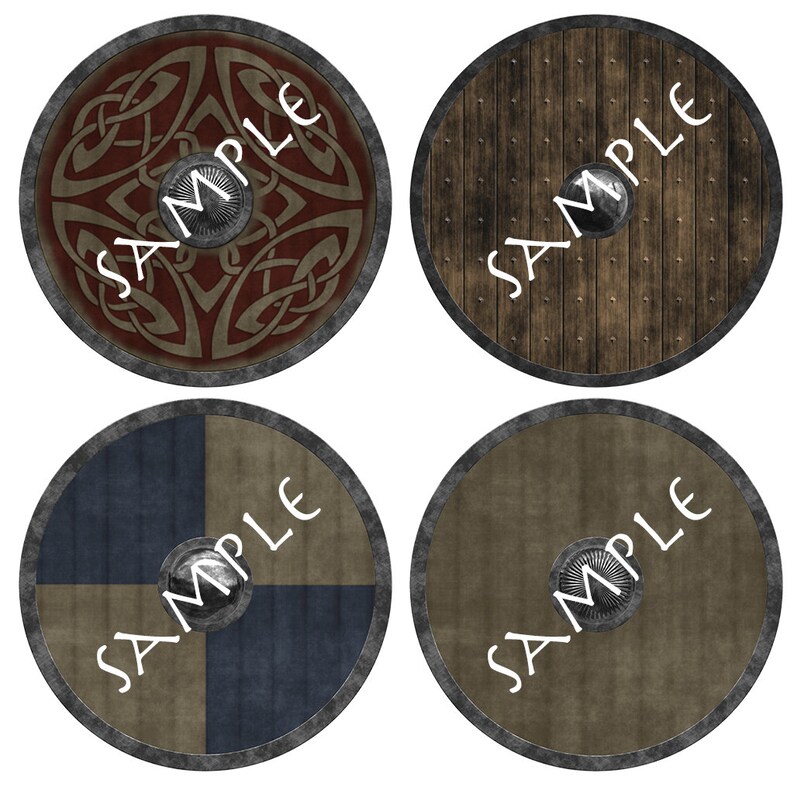 May include: Four different designs of round wooden shields with metal accents. The shields have a variety of patterns and textures, including a Celtic knot design, a wood grain design, a checkered design, and a plain design.