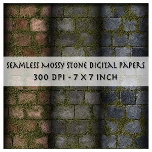 Può includere: Tre motivi di carta digitale senza cuciture che presentano muri di mattoni di pietra ricoperti di muschio. I motivi sono di 17,78 x 17,78 cm e 300 DPI.