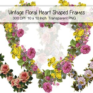 Digital Vintage Floral Clip Art Heart Shaped Frames Wreaths. Flowers Scrapbook Picture Frames
