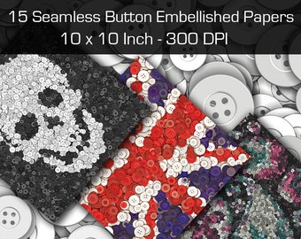 15 Seamless Button Embellished Digital Papers. 10 x 10 Inch. 300 DPI.