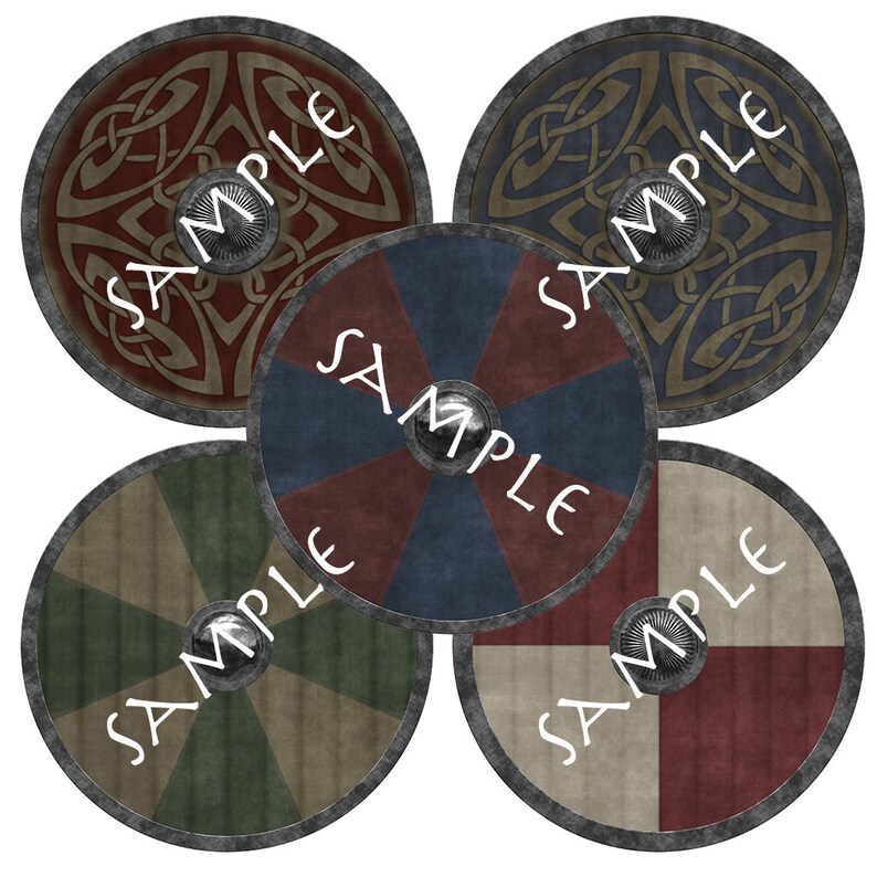 May include: Five round shields with different designs. The shields are made of wood and have a metal rim. The designs include a Celtic knot pattern, a red, white, and blue striped pattern, a green and brown striped pattern, and a red and white checkered pattern. The shields are all labeled "SAMPLE".