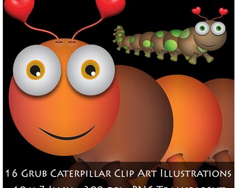 Cute Caterpillar Bug Clip Art Illustrations 10 x 7 Inch. 300 DPI. PNG Transparent Backgrounds.