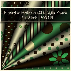 18 Seamless Mint Green Chocolate Brown and Cream Polka Dot And Striped Digital Papers