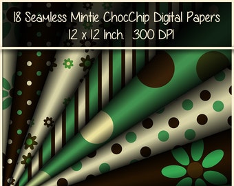18 Seamless Mint Green Chocolate Brown and Cream Polka Dot And Striped Digital Papers