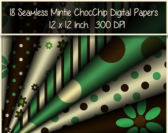 May include: 18 Seamless Mintie ChocChip Digital Papers 12 x 12 Inch. 300 DPI. A digital paper pack featuring a variety of patterns in green, brown, and white. The patterns include polka dots, stripes, and floral designs.