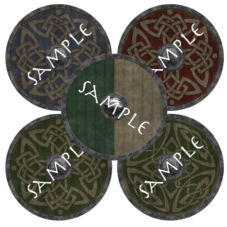 May include: Five round shields with a Celtic knot design. The shields are in various colors, including blue, red, green, and brown. The shields have a metal center boss and a metal rim.