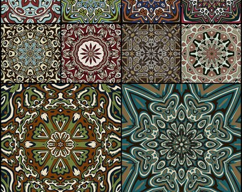 May include: Twelve ornamental tiling patterns in a variety of colors, including green, brown, blue, and red. The patterns are intricate and symmetrical, with a variety of shapes and designs.